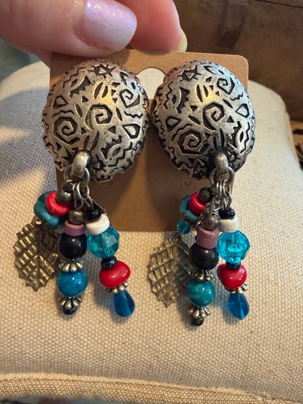 Boho Silver-Tone Dangle Earrings with Turquoise & Red Beads